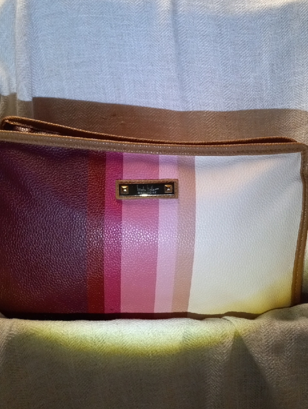 Striped Pink and White Wristlet Clutch with Gold-Tone Plaque
